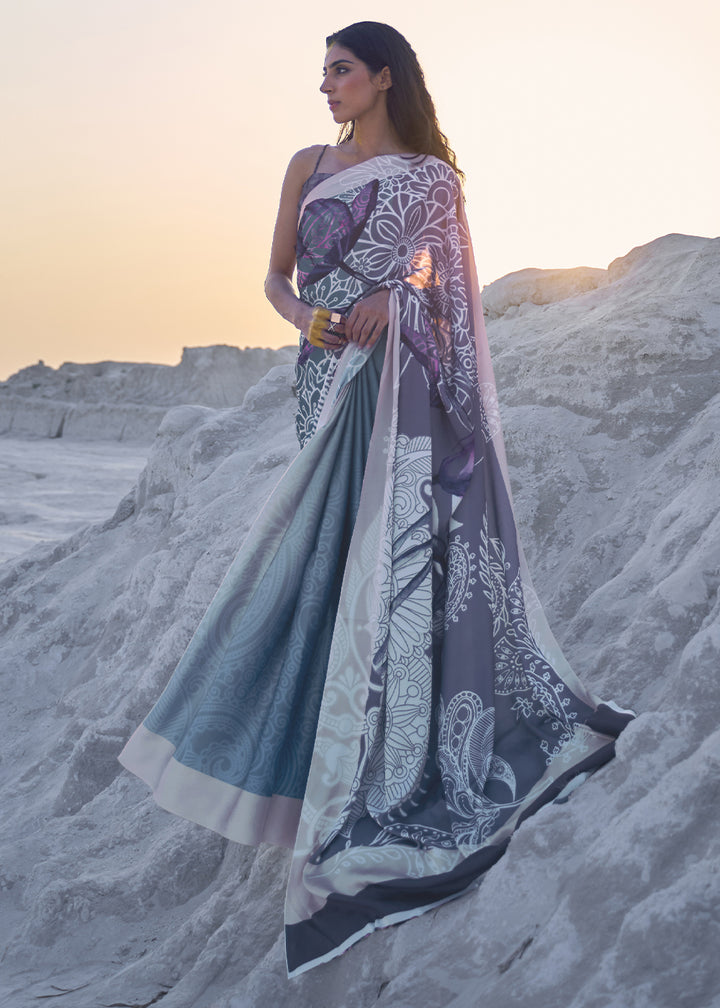 Shades Of Blue Satin Crepe Saree with Stylish Designer Prints