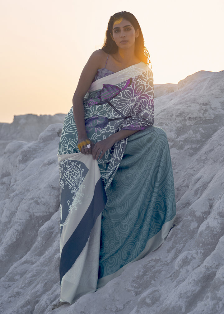 Shades Of Blue Satin Crepe Saree with Stylish Designer Prints