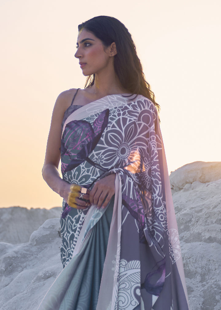 Shades Of Blue Satin Crepe Saree with Stylish Designer Prints