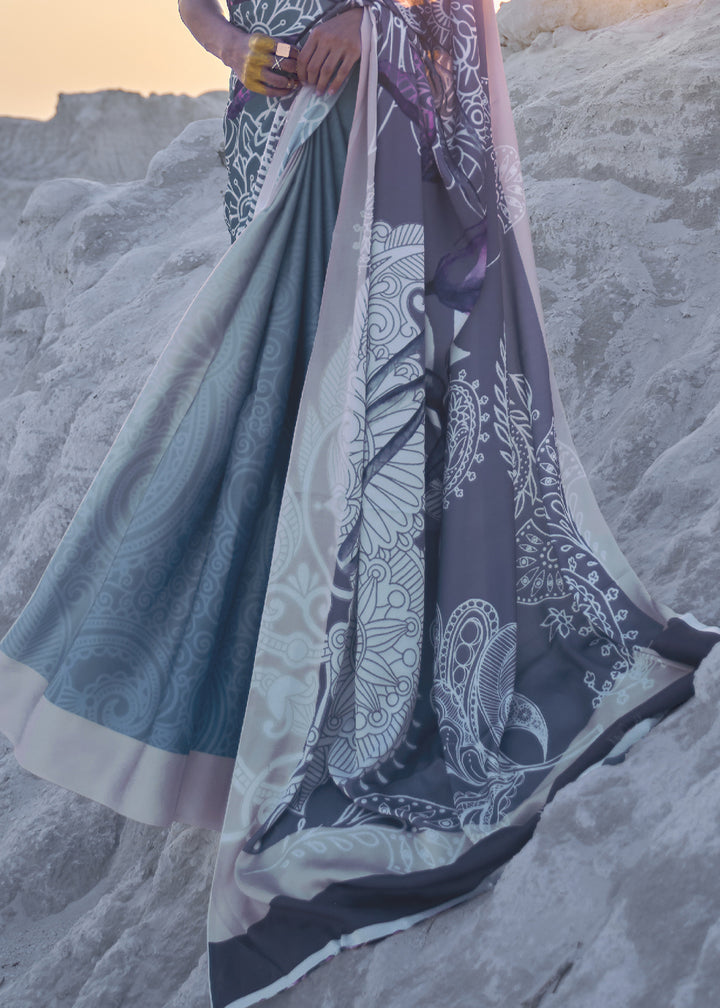 Shades Of Blue Satin Crepe Saree with Stylish Designer Prints