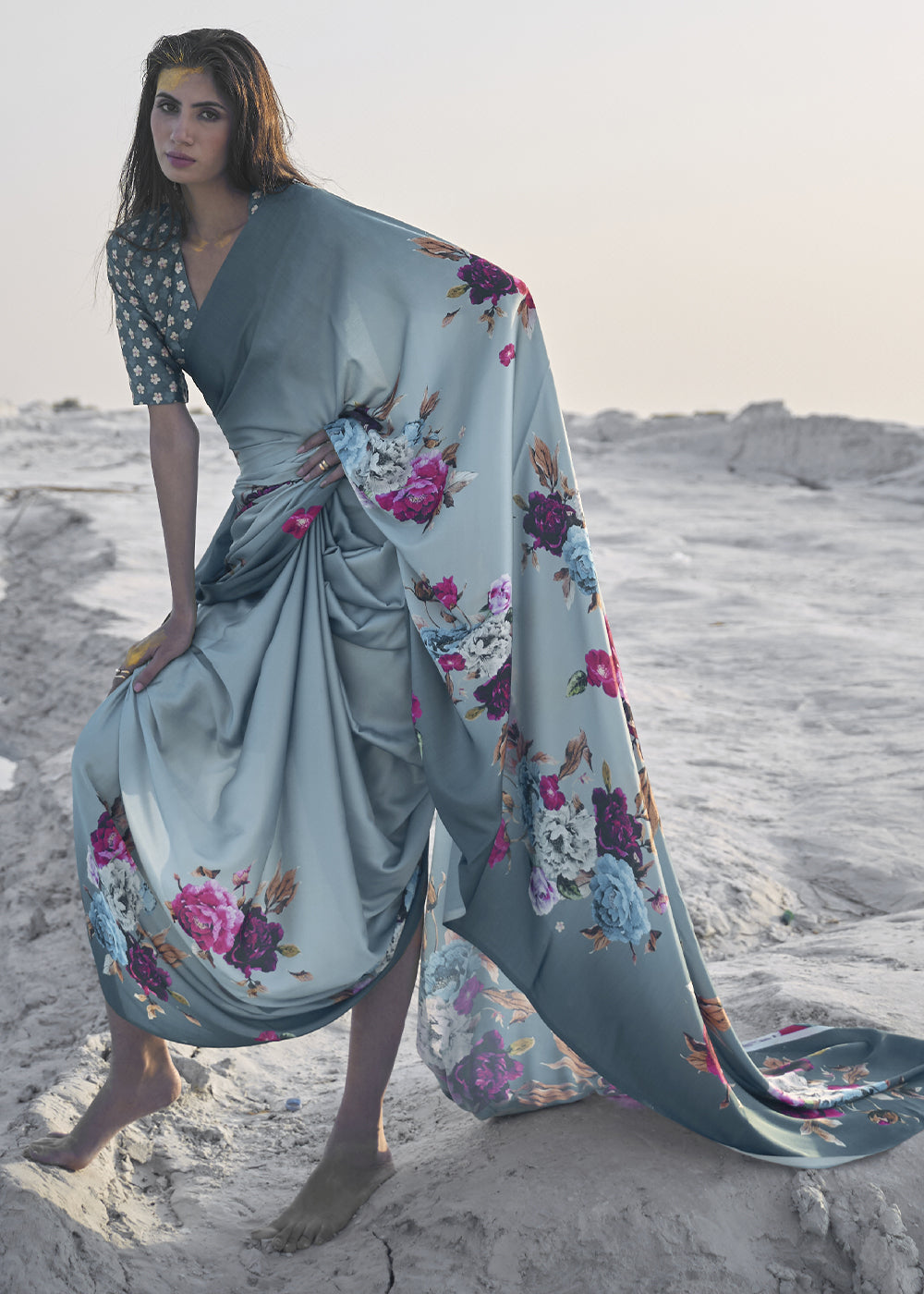 Shades Of Blue Satin Crepe Saree with Stylish Designer Prints