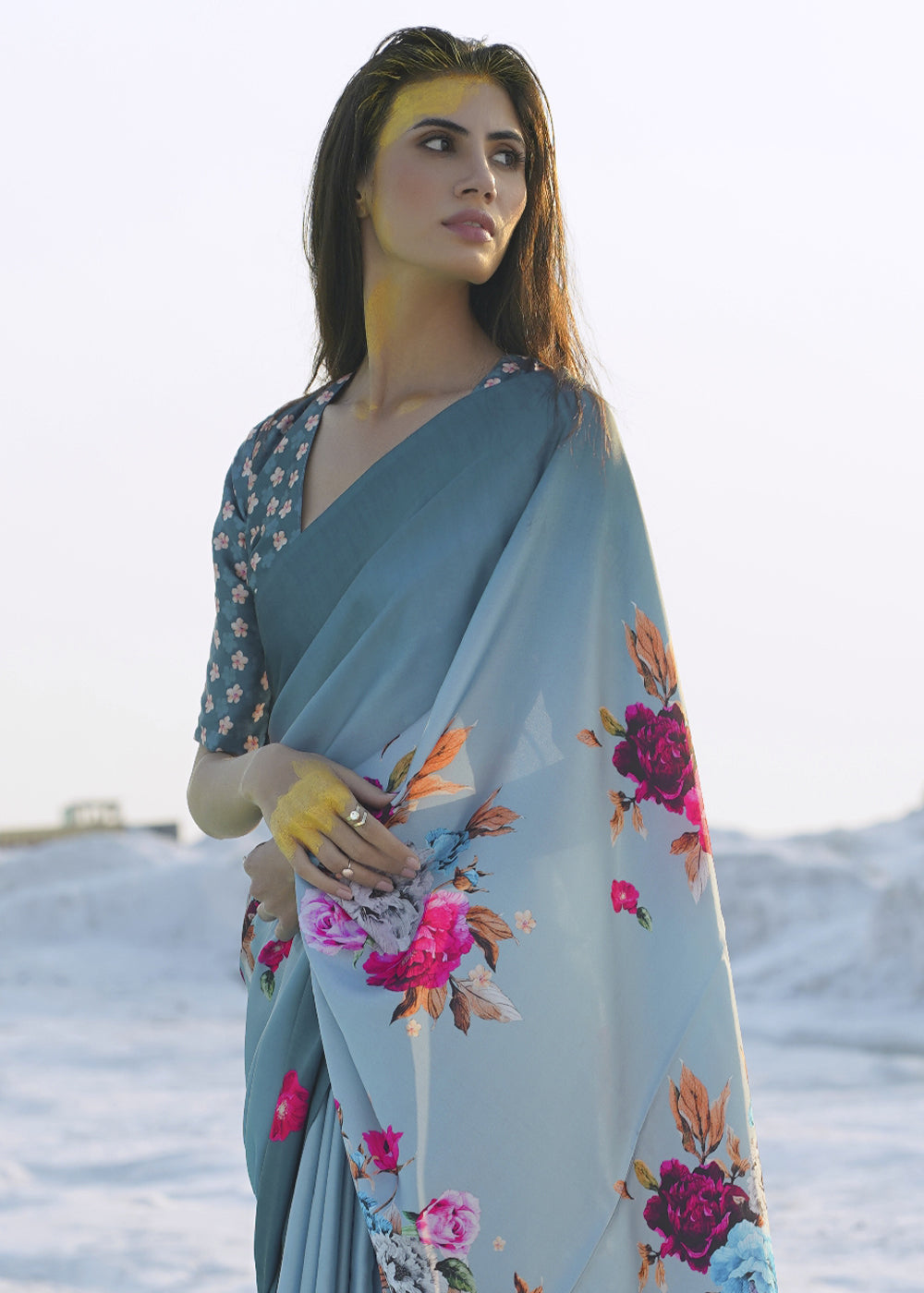 Shades Of Blue Satin Crepe Saree with Stylish Designer Prints