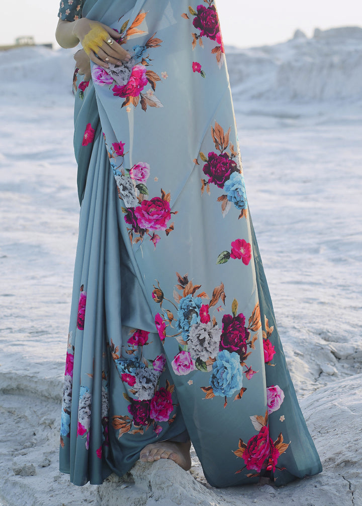 Shades Of Blue Satin Crepe Saree with Stylish Designer Prints