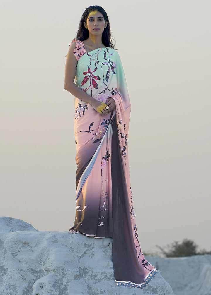 Pink & Blue Satin Crepe Saree with Stylish Designer Prints