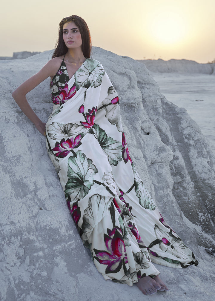 Pearl White Satin Crepe Saree with Stylish Designer Prints