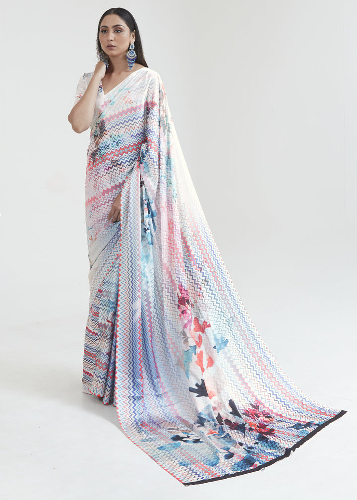 Rice White Satin Crepe Saree Adorned with Digital Prints