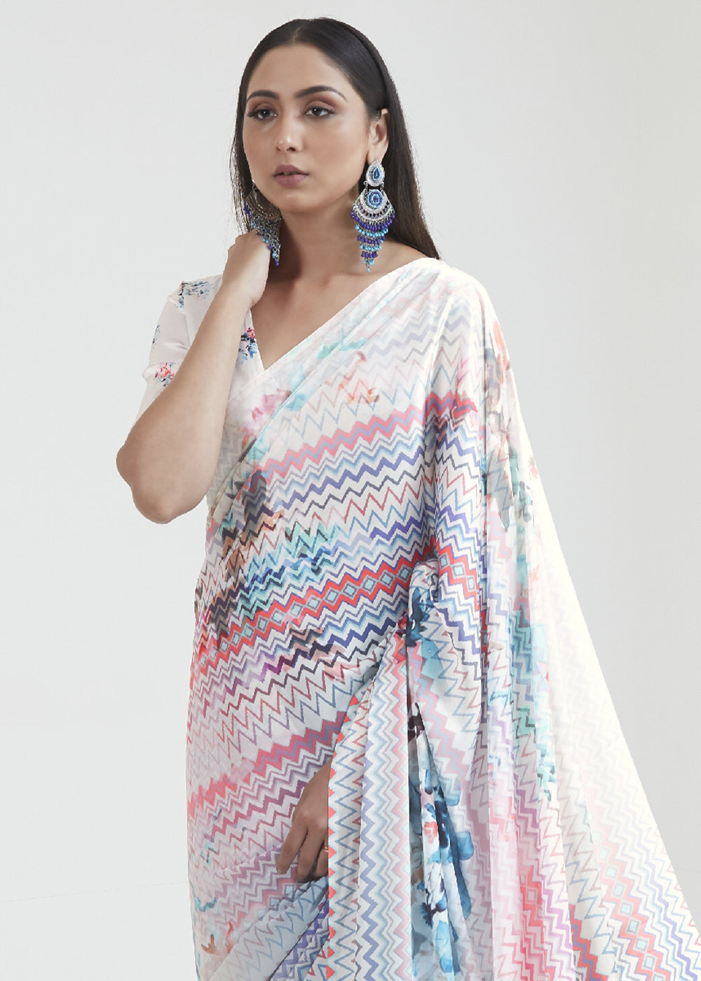 Rice White Satin Crepe Saree Adorned with Digital Prints