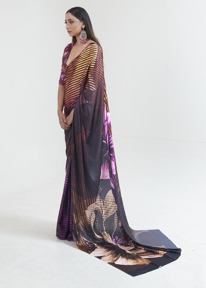 Brown & Purple Satin Crepe Saree Adorned with Digital Prints