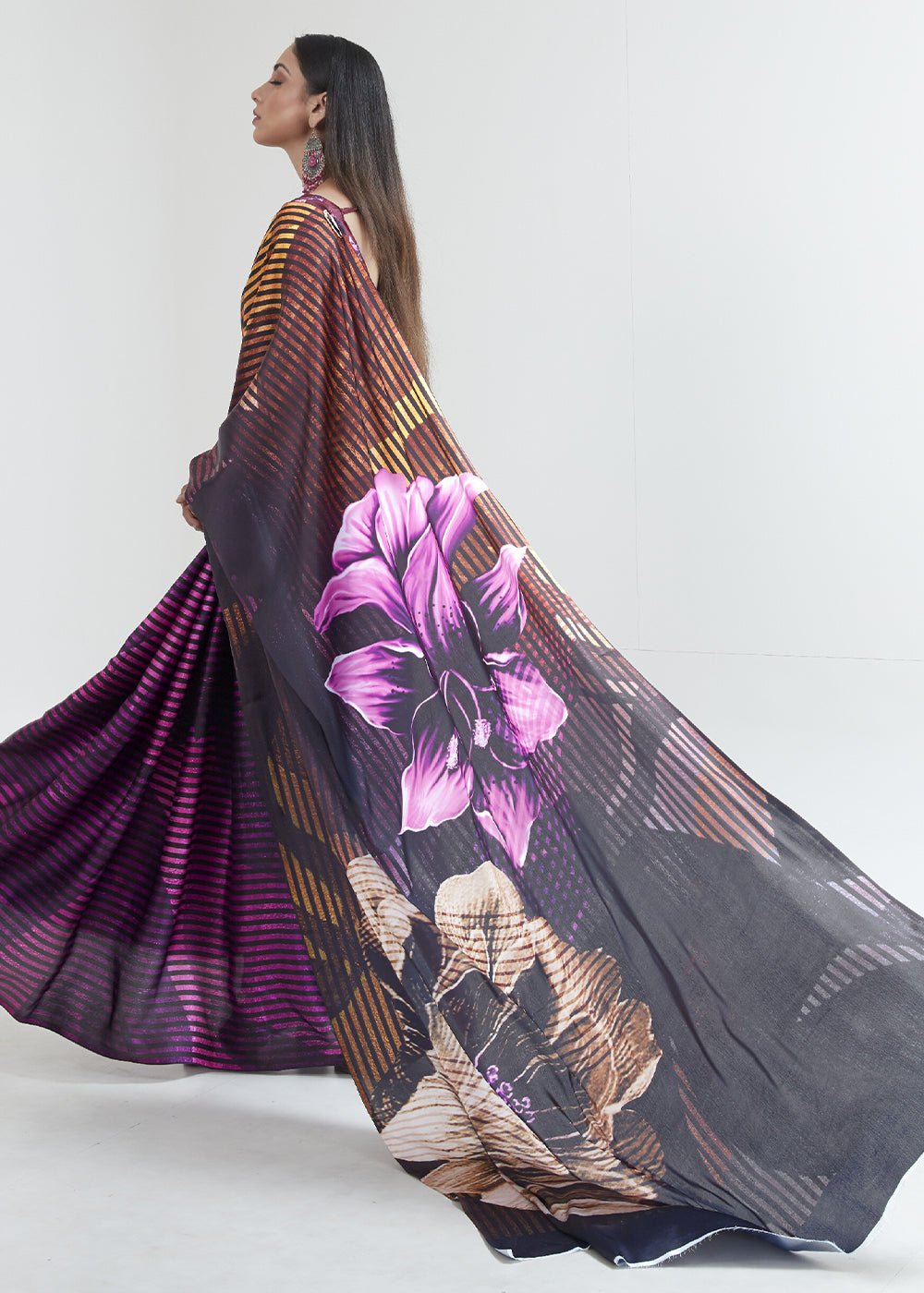 Brown & Purple Satin Crepe Saree Adorned with Digital Prints