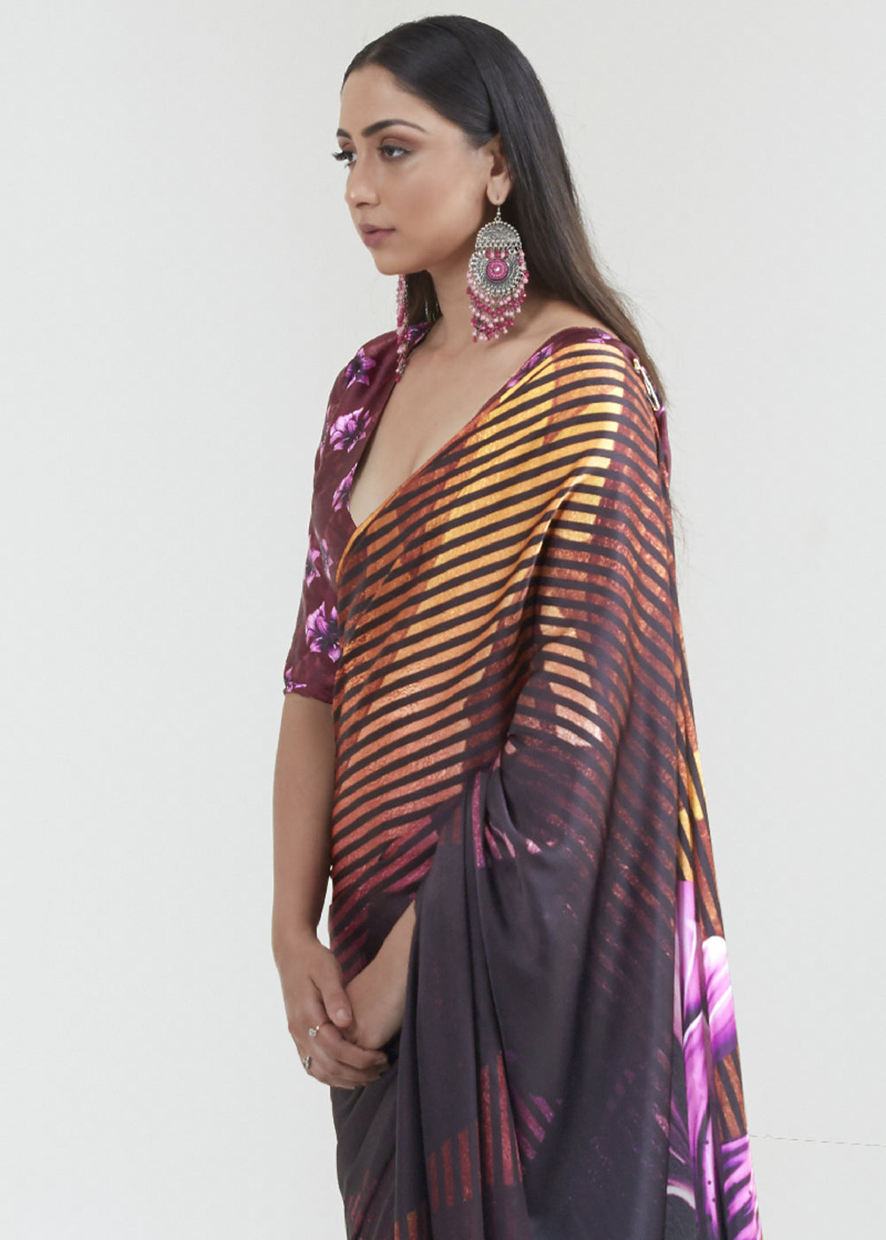 Brown & Purple Satin Crepe Saree Adorned with Digital Prints