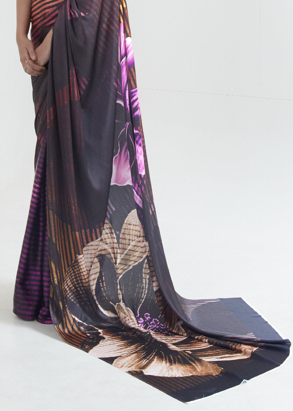 Brown & Purple Satin Crepe Saree Adorned with Digital Prints