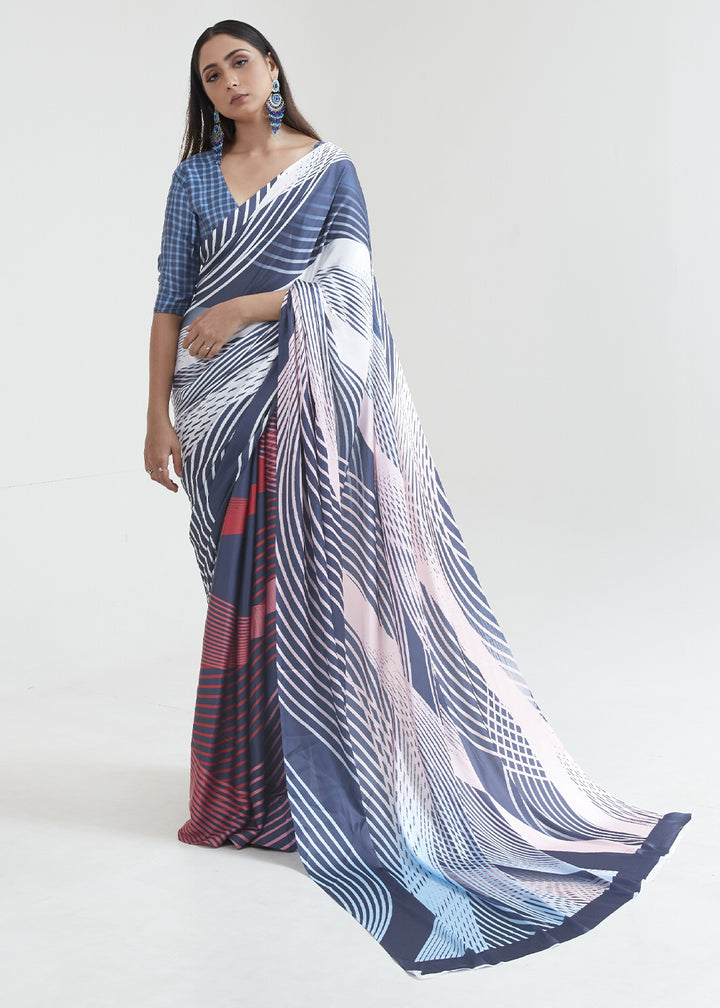 Blue & White Satin Crepe Saree Adorned with Digital Prints