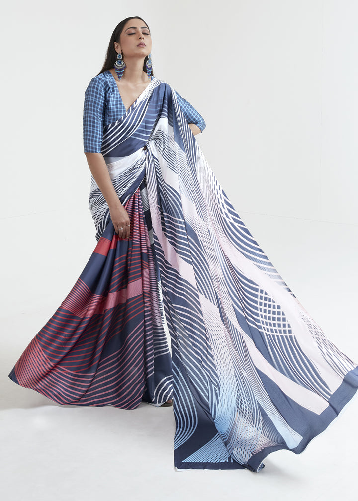 Blue & White Satin Crepe Saree Adorned with Digital Prints