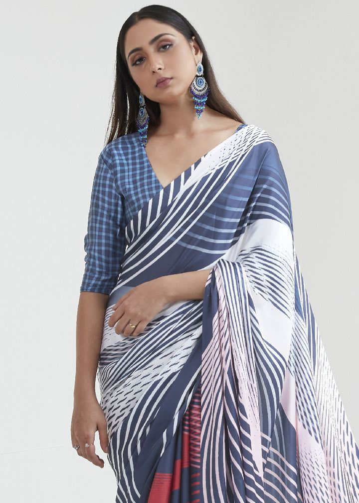 Blue & White Satin Crepe Saree Adorned with Digital Prints