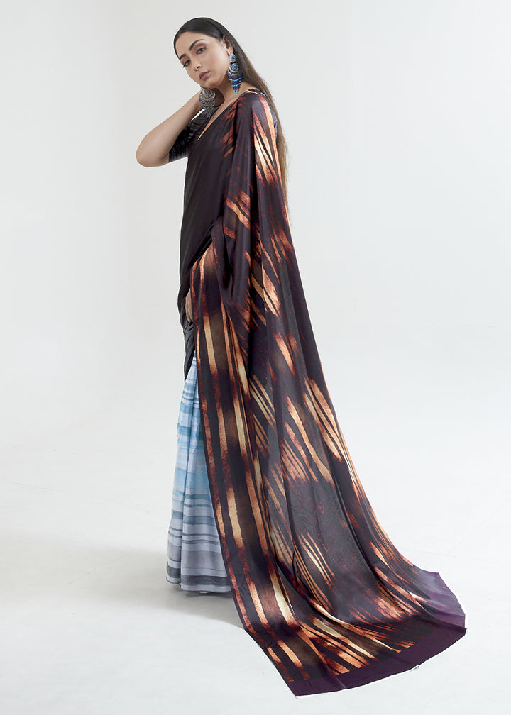 Brown & Blue Satin Crepe Saree Adorned with Digital Prints