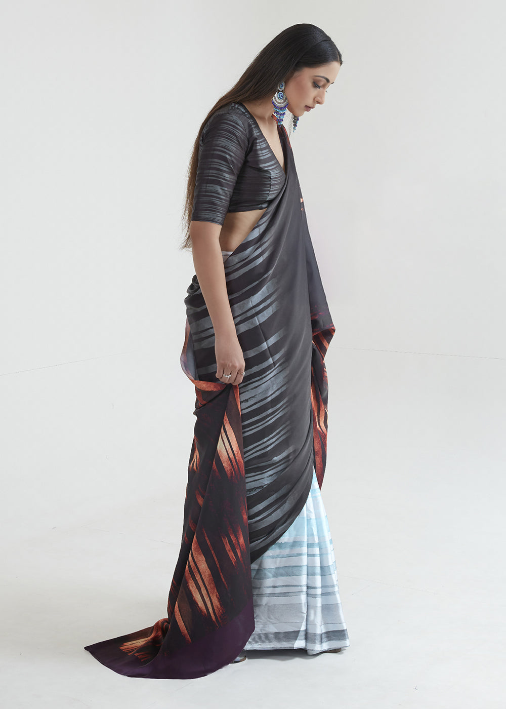 Brown & Blue Satin Crepe Saree Adorned with Digital Prints