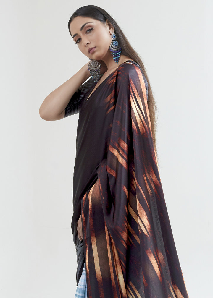 Brown & Blue Satin Crepe Saree Adorned with Digital Prints