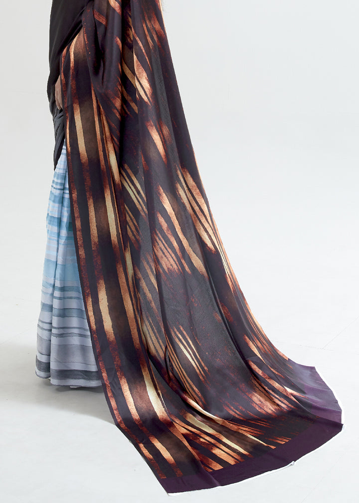 Brown & Blue Satin Crepe Saree Adorned with Digital Prints