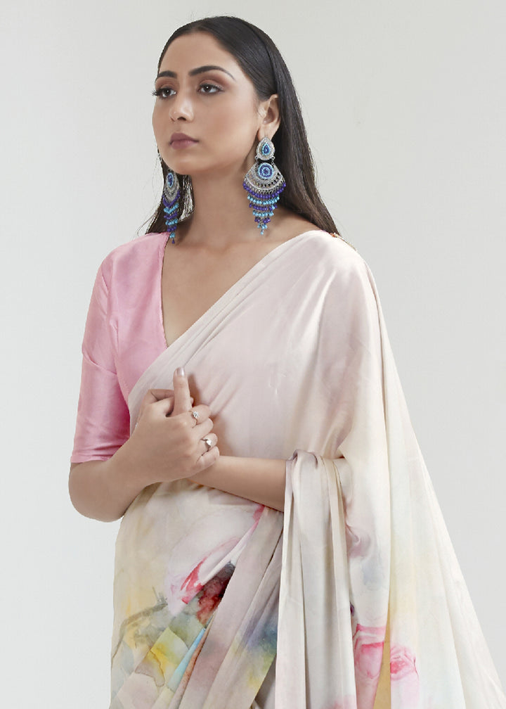 Pearl White Satin Crepe Saree Adorned with Digital Prints