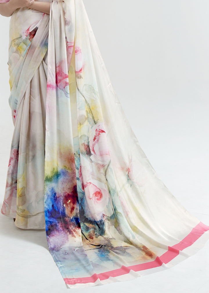 Pearl White Satin Crepe Saree Adorned with Digital Prints