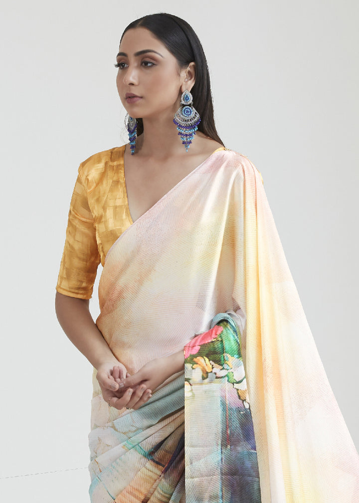 Yellow & White Satin Crepe Saree Adorned with Digital Prints