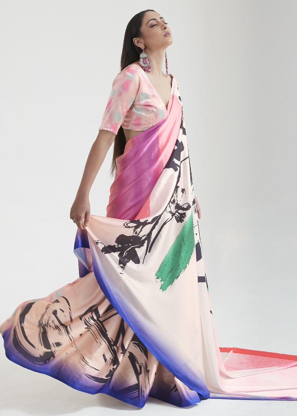 Shades Of Pink Satin Crepe Saree Adorned with Digital Prints