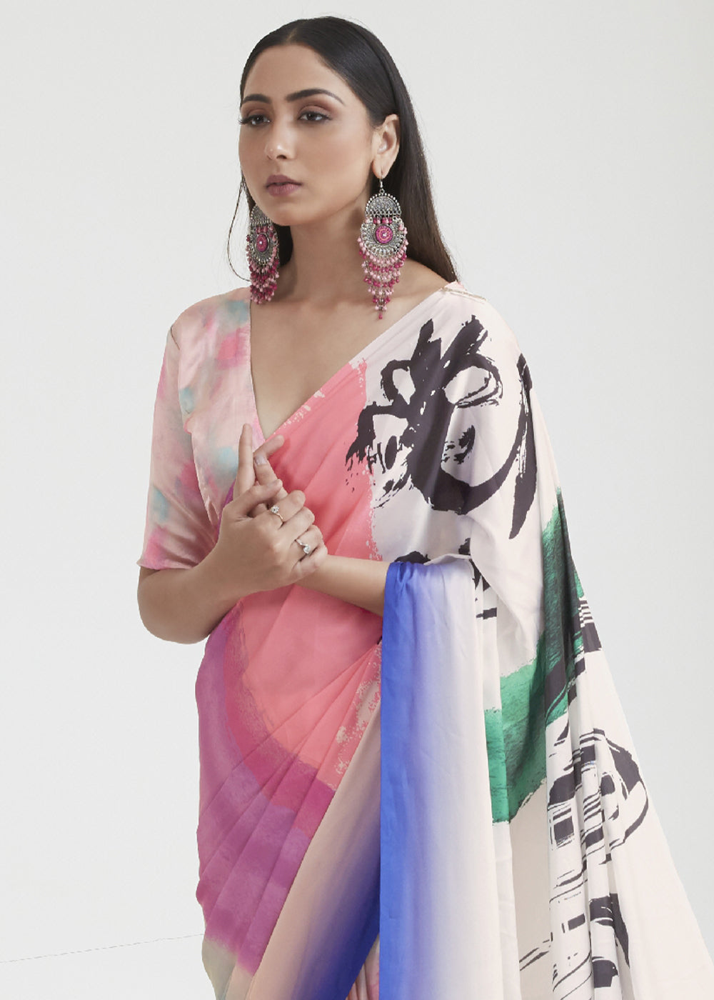 Shades Of Pink Satin Crepe Saree Adorned with Digital Prints