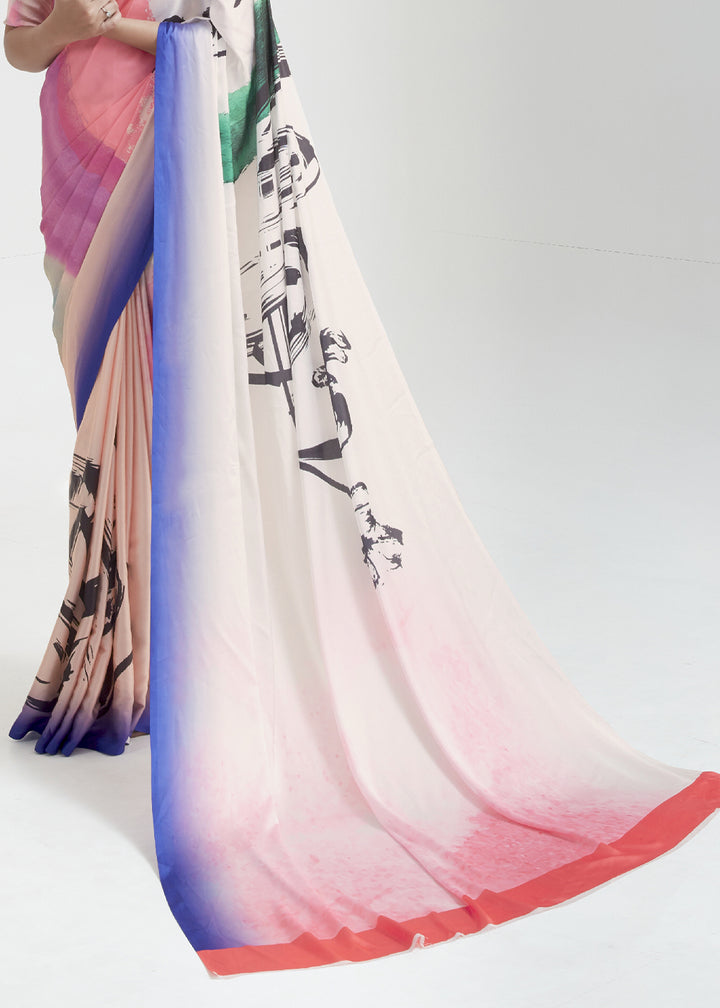 Shades Of Pink Satin Crepe Saree Adorned with Digital Prints