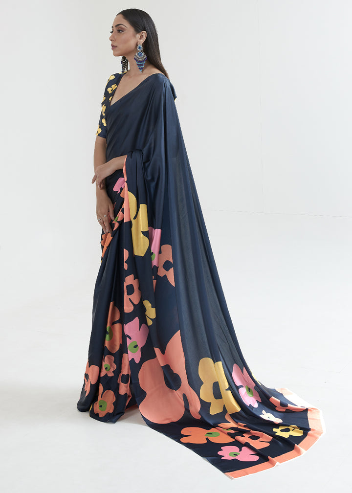 Blackish Blue Satin Crepe Saree Adorned with Digital Prints