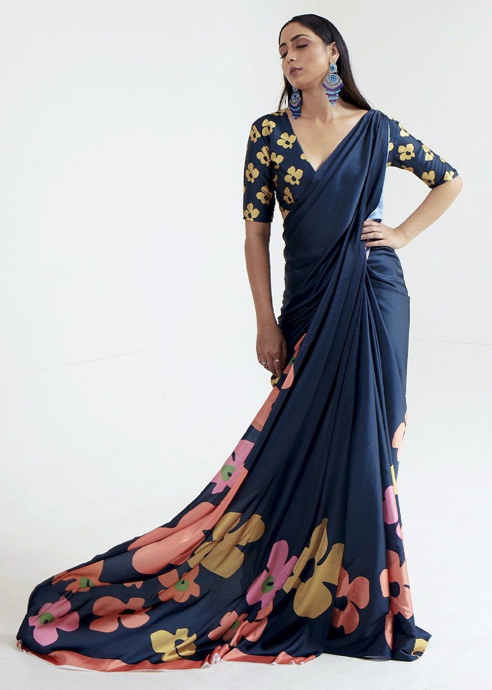 Blackish Blue Satin Crepe Saree Adorned with Digital Prints