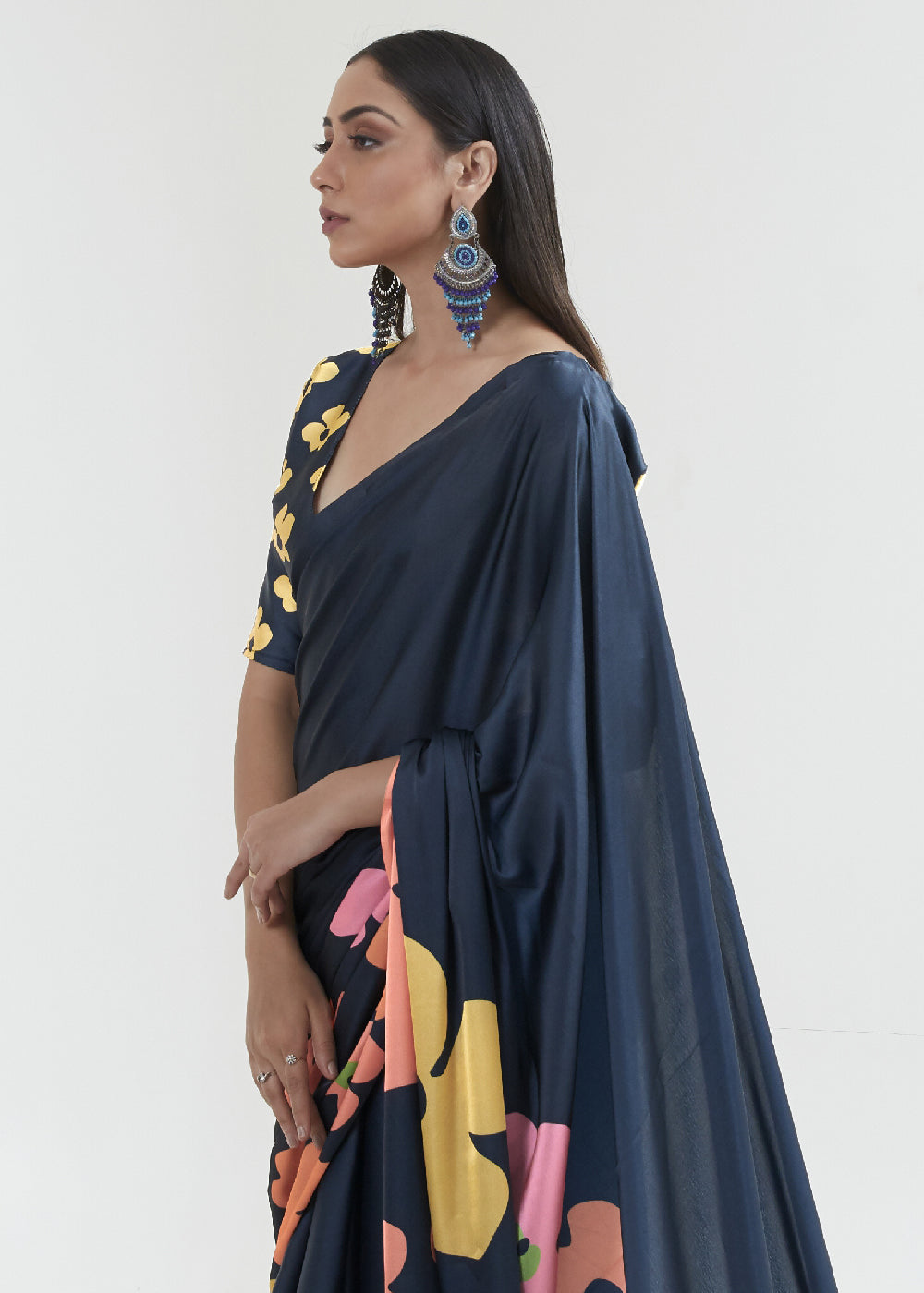 Blackish Blue Satin Crepe Saree Adorned with Digital Prints