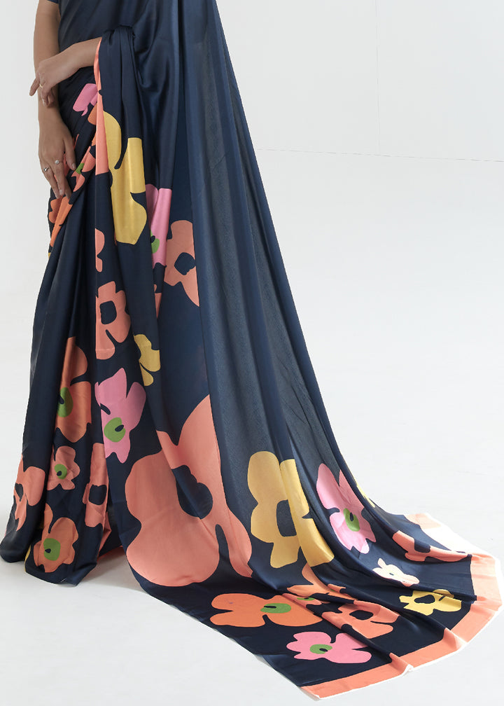 Blackish Blue Satin Crepe Saree Adorned with Digital Prints