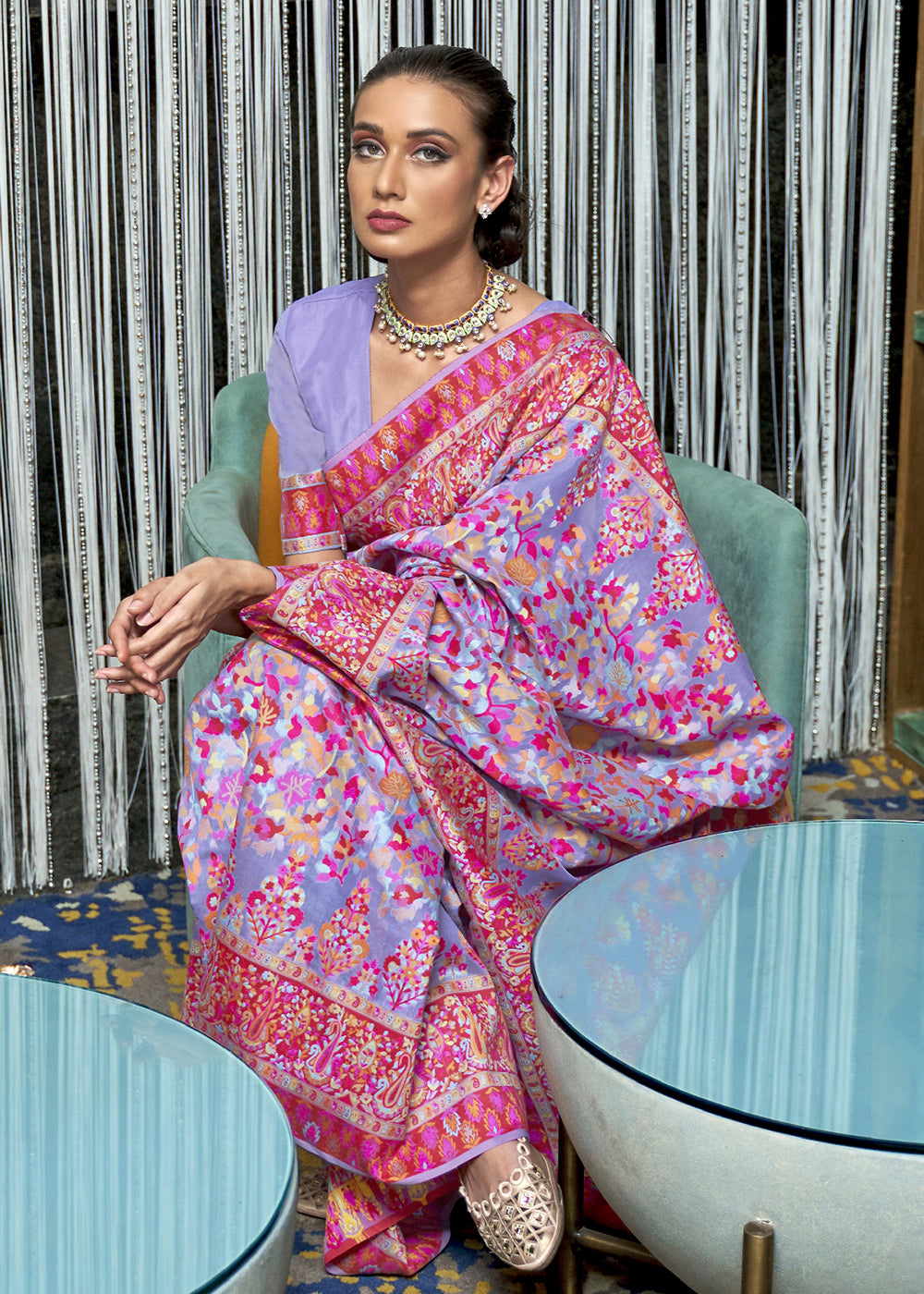 Shades of Purple Kashmiri Jamawar Silk Saree with Handloom Weaving