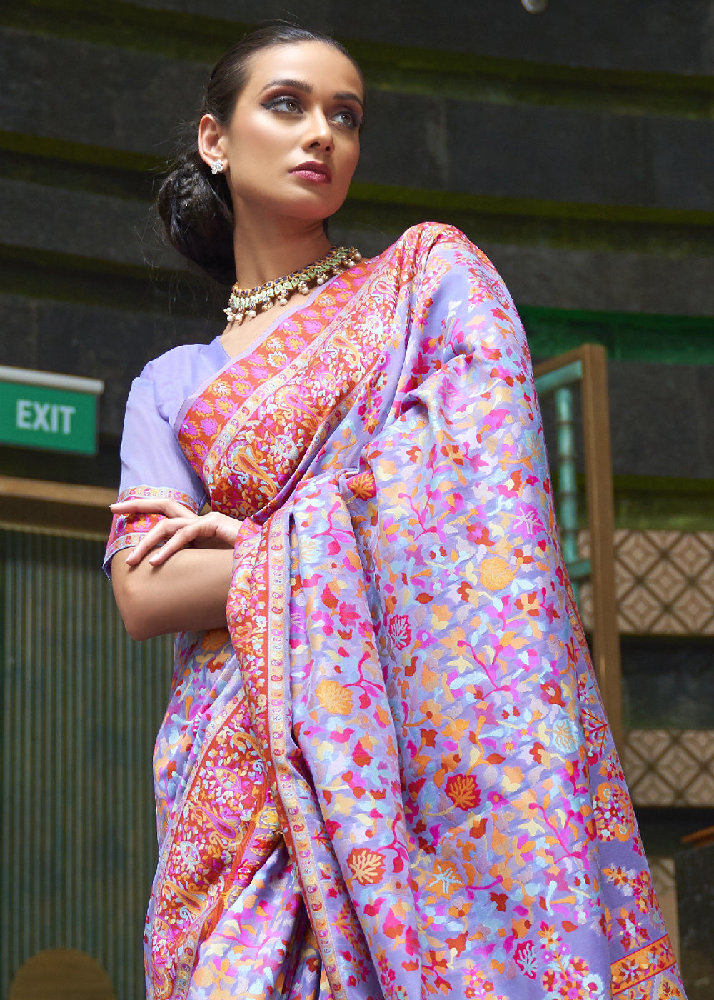 Shades of Purple Kashmiri Jamawar Silk Saree with Handloom Weaving