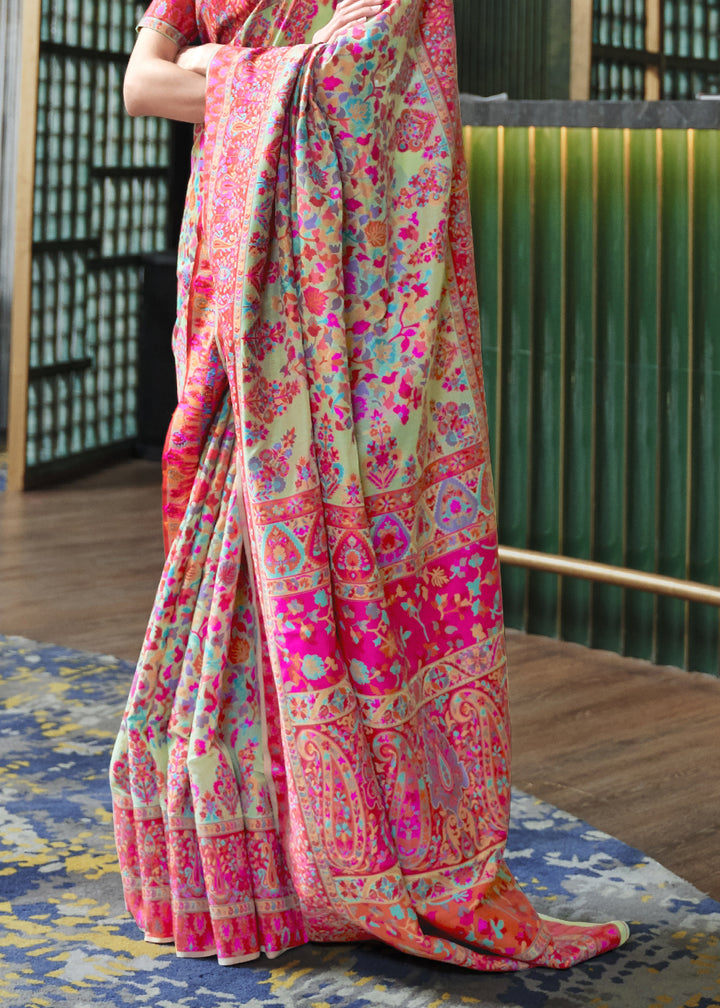 Green & Pink Kashmiri Jamawar Silk Saree with Handloom Weaving