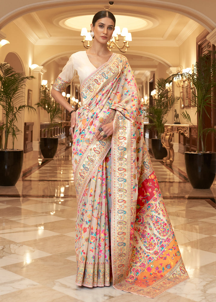 Parchment White Banarasi Silk Saree with Kashmiri Jamawar Weaving