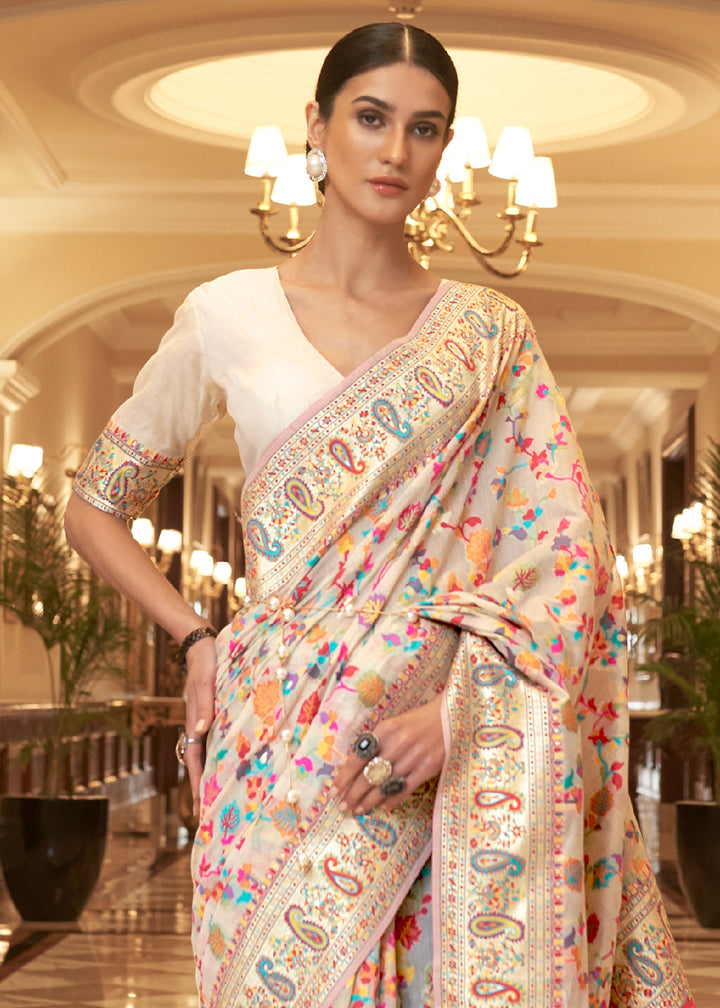 Parchment White Banarasi Silk Saree with Kashmiri Jamawar Weaving