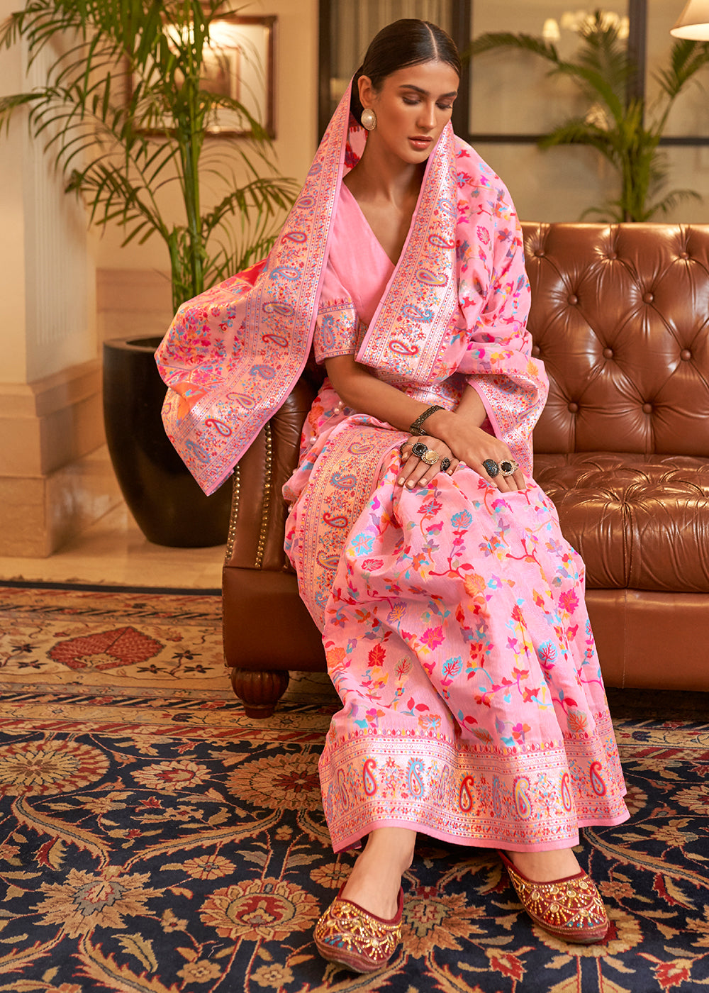 Flamingo Pink Banarasi Silk Saree with Kashmiri Jamawar Weaving