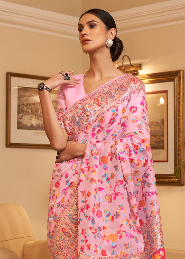 Flamingo Pink Banarasi Silk Saree with Kashmiri Jamawar Weaving