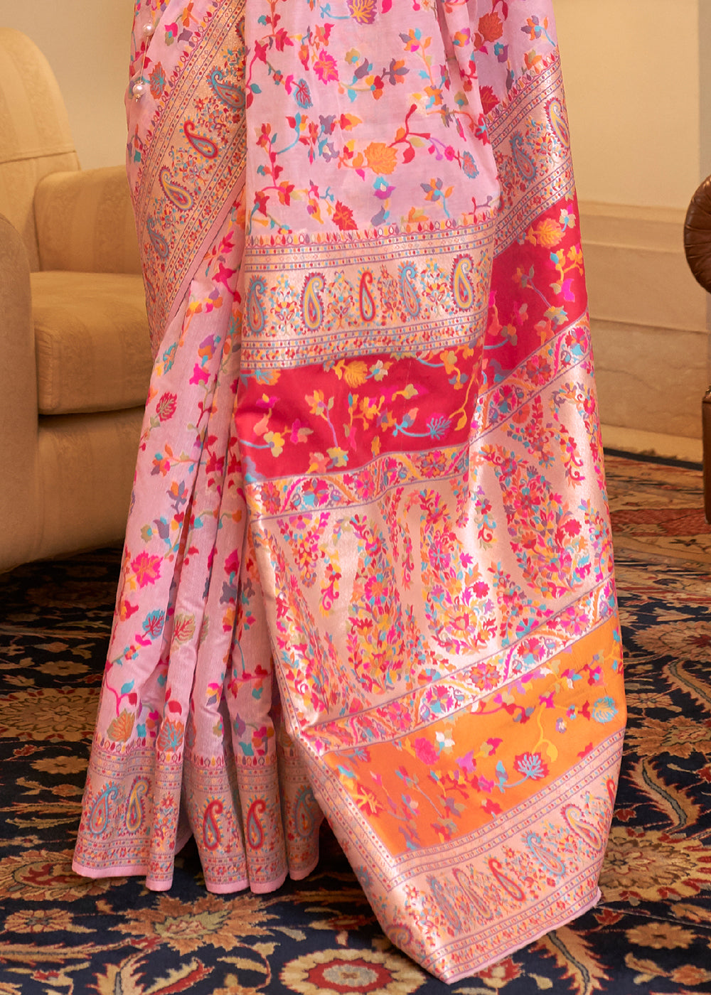 Flamingo Pink Banarasi Silk Saree with Kashmiri Jamawar Weaving