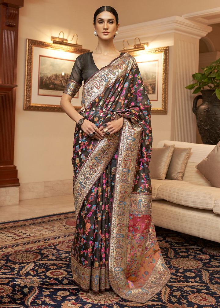 Onyx Black Banarasi Silk Saree with Kashmiri Jamawar Weaving