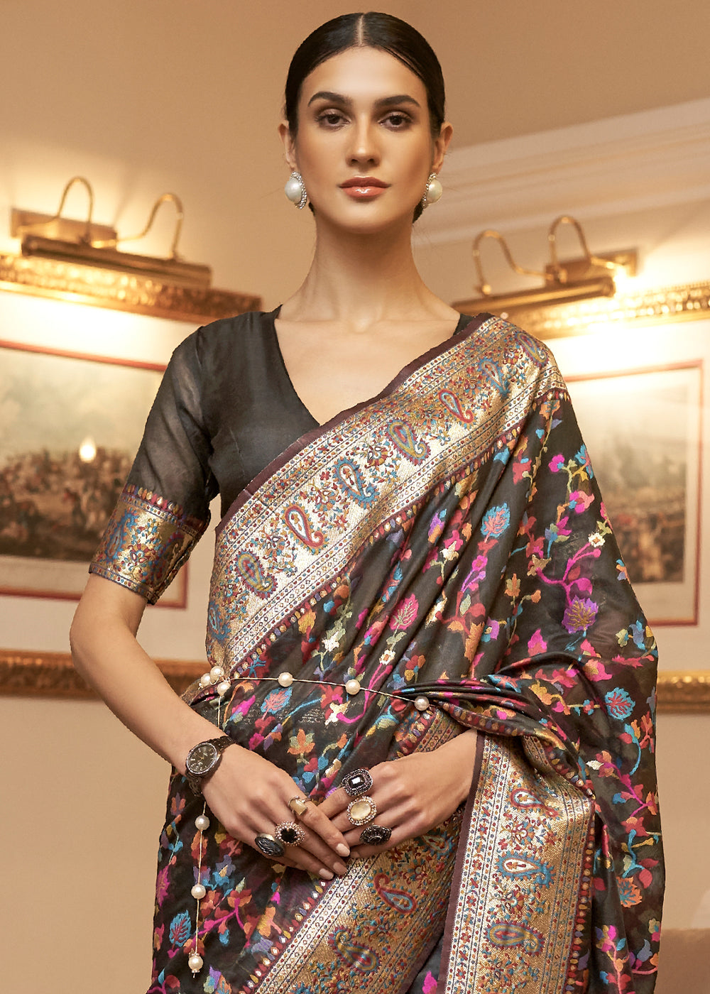 Onyx Black Banarasi Silk Saree with Kashmiri Jamawar Weaving