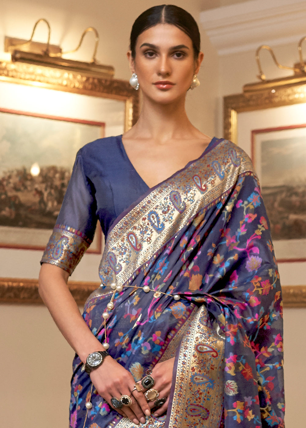 Sapphire Blue Banarasi Silk Saree with Kashmiri Jamawar Weaving