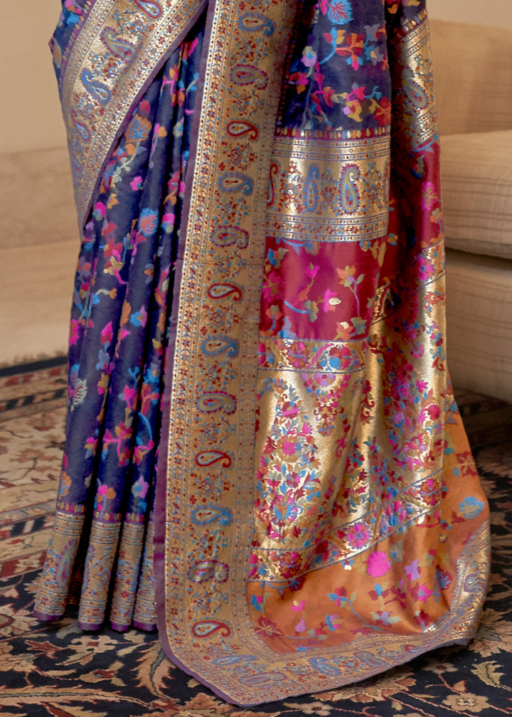 Sapphire Blue Banarasi Silk Saree with Kashmiri Jamawar Weaving