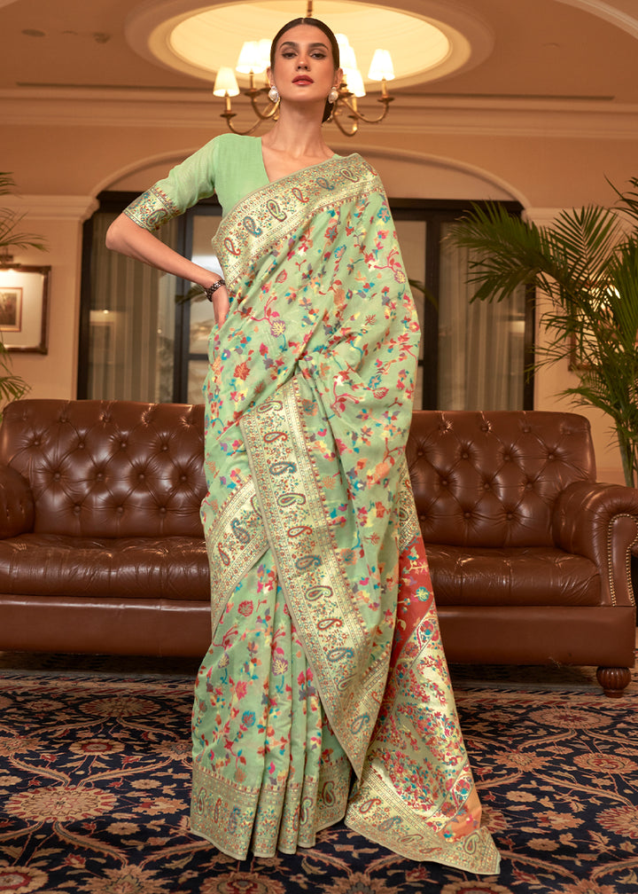 Celadon Green Banarasi Silk Saree with Kashmiri Jamawar Weaving