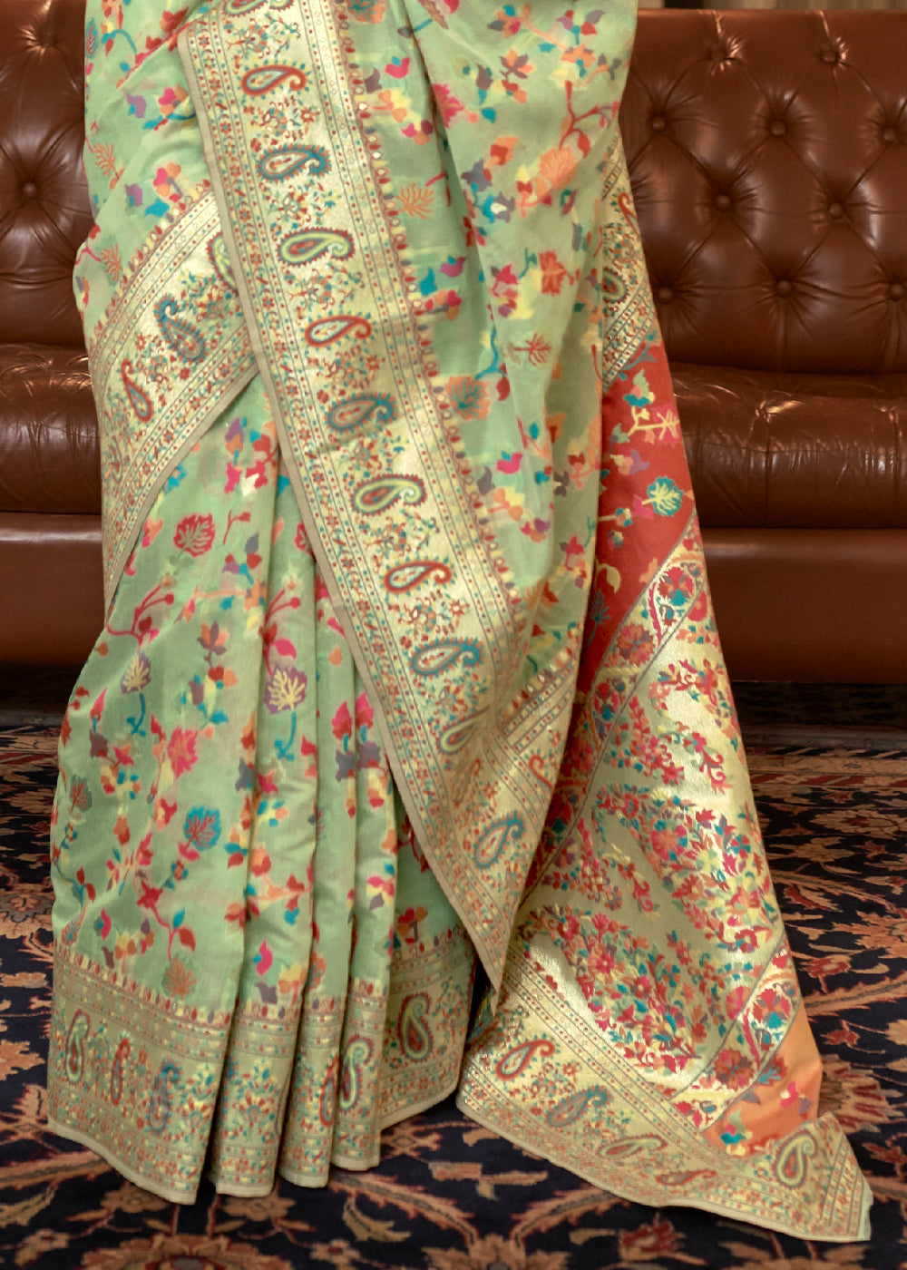 Celadon Green Banarasi Silk Saree with Kashmiri Jamawar Weaving