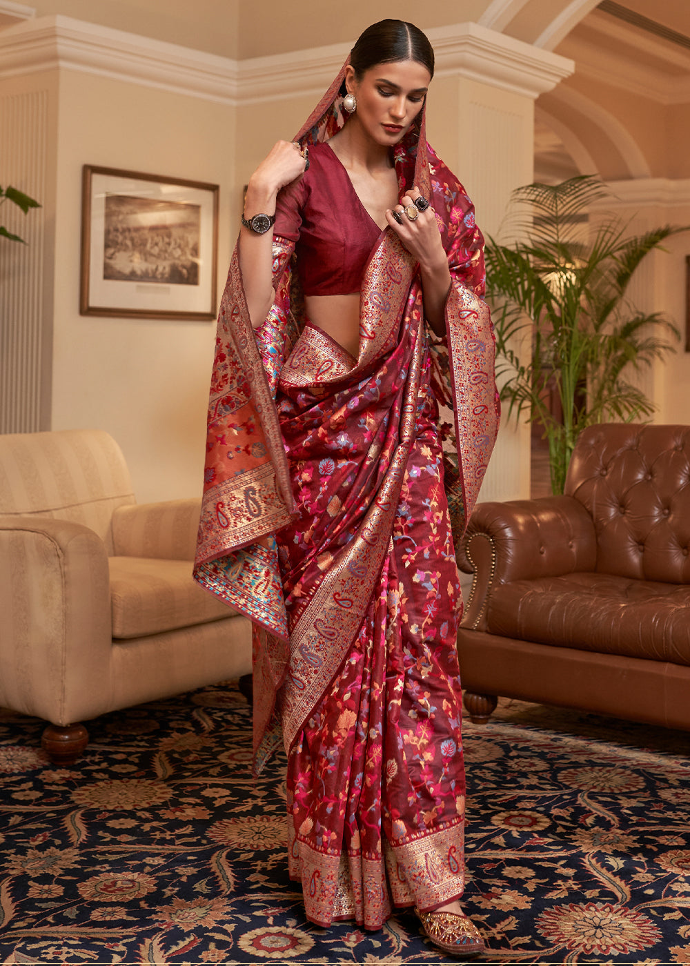 Sienna Brown Banarasi Silk Saree with Kashmiri Jamawar Weaving