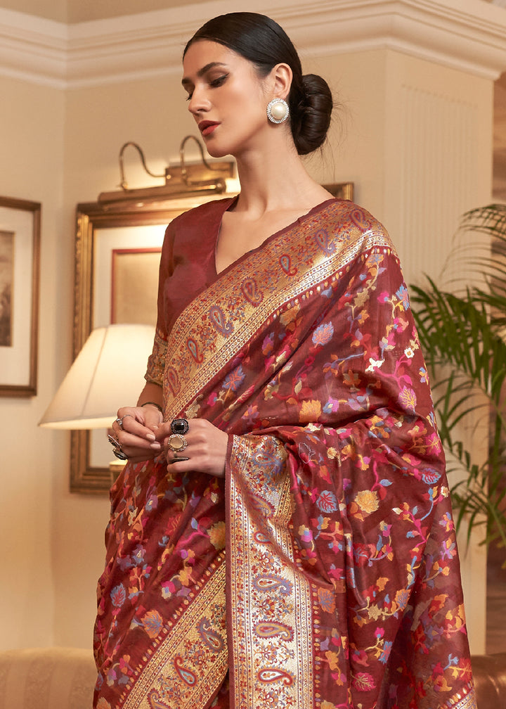 Sienna Brown Banarasi Silk Saree with Kashmiri Jamawar Weaving