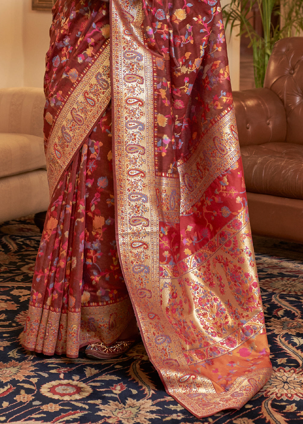 Sienna Brown Banarasi Silk Saree with Kashmiri Jamawar Weaving