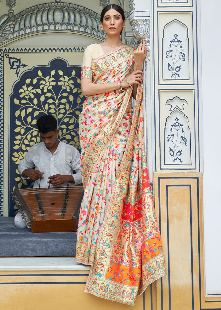 Beige Brown Banarasi Silk Saree with Kashmiri Jamawar Weaving